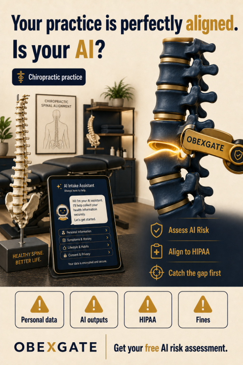 OBEXGATE chiropractic practice AI risk visual showing spine alignment and HIPAA AI governance gap.