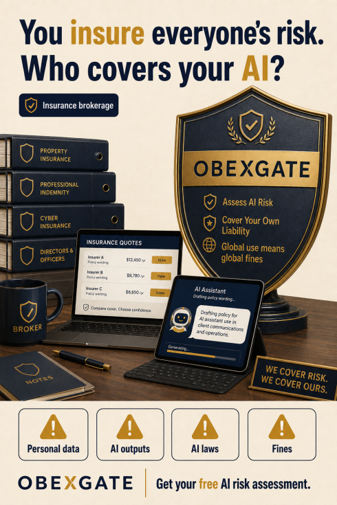 OBEXGATE insurance brokerage AI risk visual showing professional indemnity, AI outputs, AI laws, and fines.