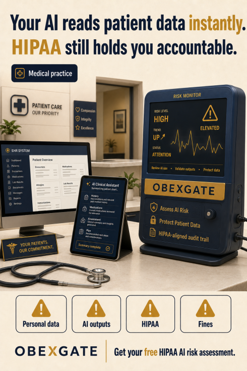 OBEXGATE medical practice HIPAA AI risk visual showing patient data, AI clinical assistant, and audit trail obligations.