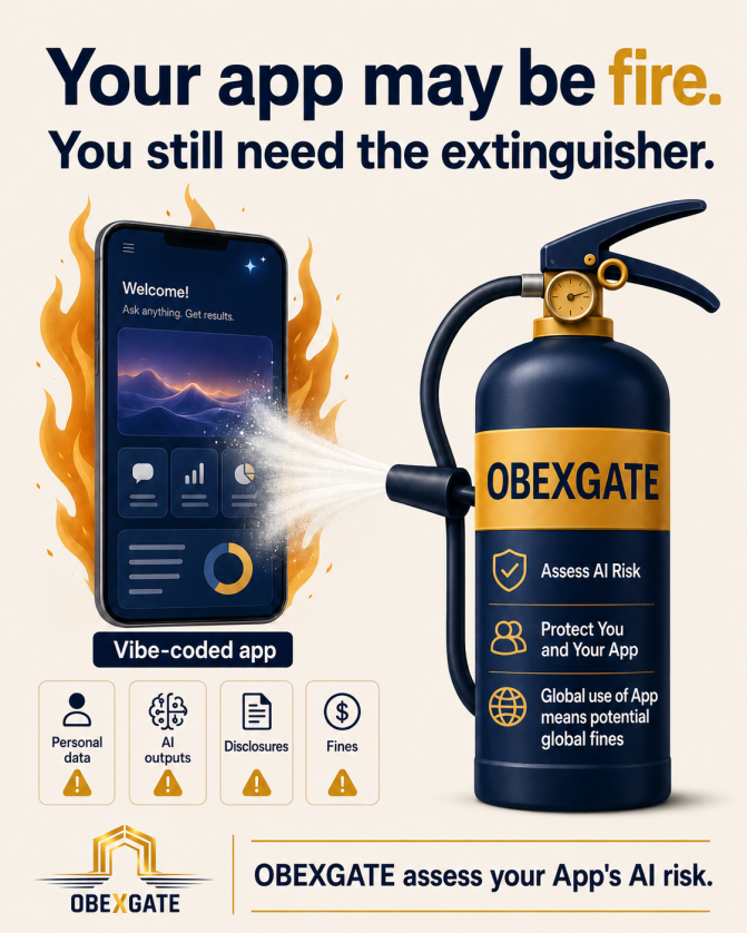 OBEXGATE solo developer AI risk visual showing vibe-coded app fire extinguisher, personal data, disclosures, and fines.
