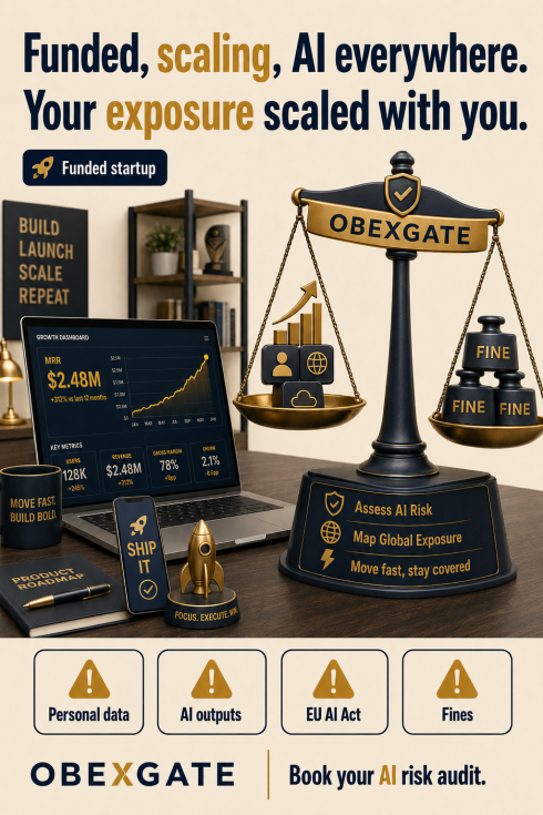 OBEXGATE startup AI risk visual showing funded scaling team, global exposure, and AI law risk.