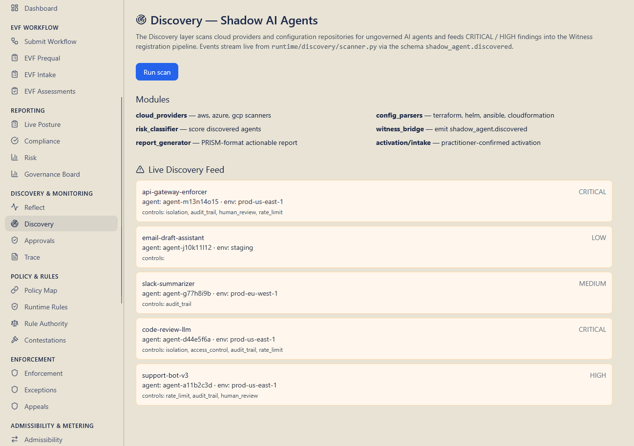 OBEXGATE Shadow AI discovery scan showing detected AI-related host processes including Codex and ChatGPT clients with risk labels.